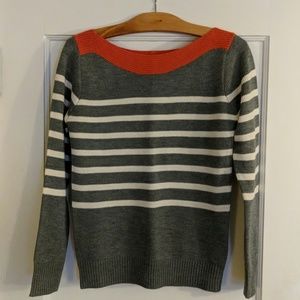 Mak B sweater, grey and white stripes with orange